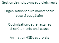 Gestion de shutdowns et projets neufs - Organisation service maintenance et suivi budgétaire - Optimisation des refractaires et revêtements anti-usures - Animation HSE des projets